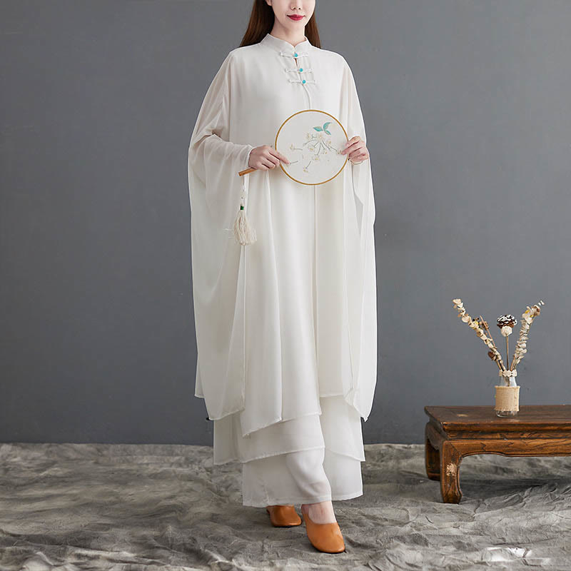 Buddha Stones 2Pcs Frog-Button Long Sleeve Midi Dress Wide Leg Pants Chiffon Zen Women's Set - US12，UK/AU16，EU44 (2XL) - image 1