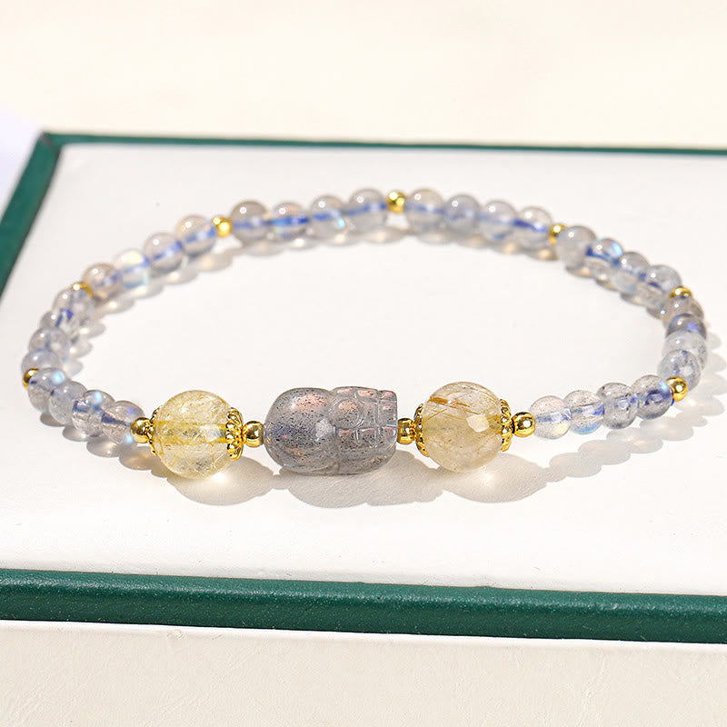 Buddha Stones Moonstone Strawberry Quartz Tourmaline PiXiu Healing Bracelet