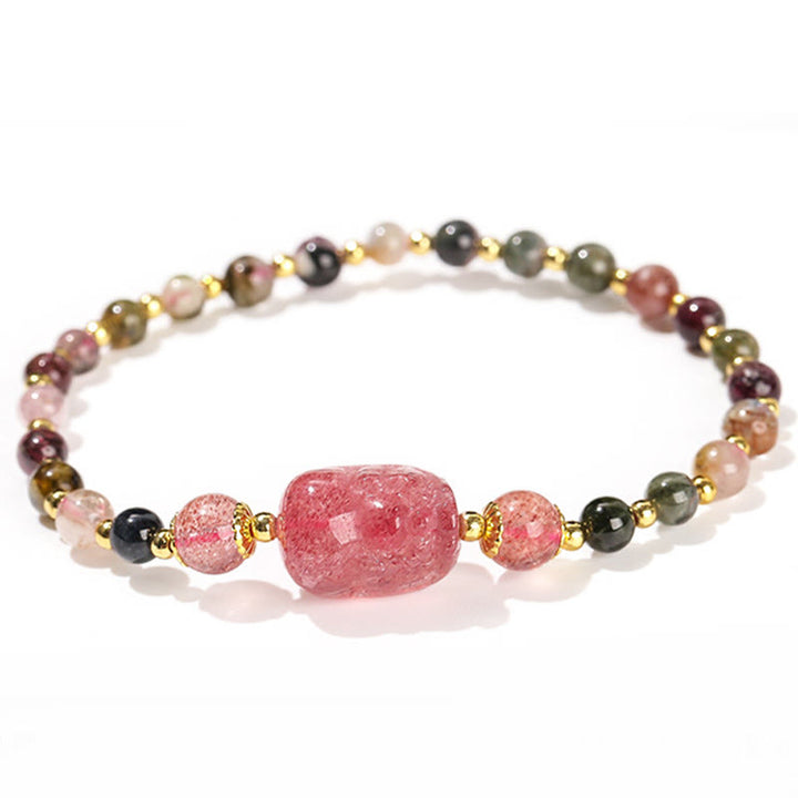 Buddha Stones Moonstone Strawberry Quartz Tourmaline PiXiu Healing Bracelet