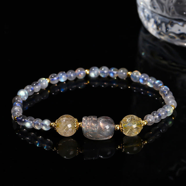 Buddha Stones Moonstone Strawberry Quartz Tourmaline PiXiu Healing Bracelet