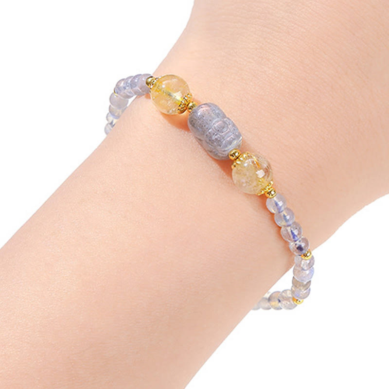 Buddha Stones Moonstone Strawberry Quartz Tourmaline PiXiu Healing Bracelet