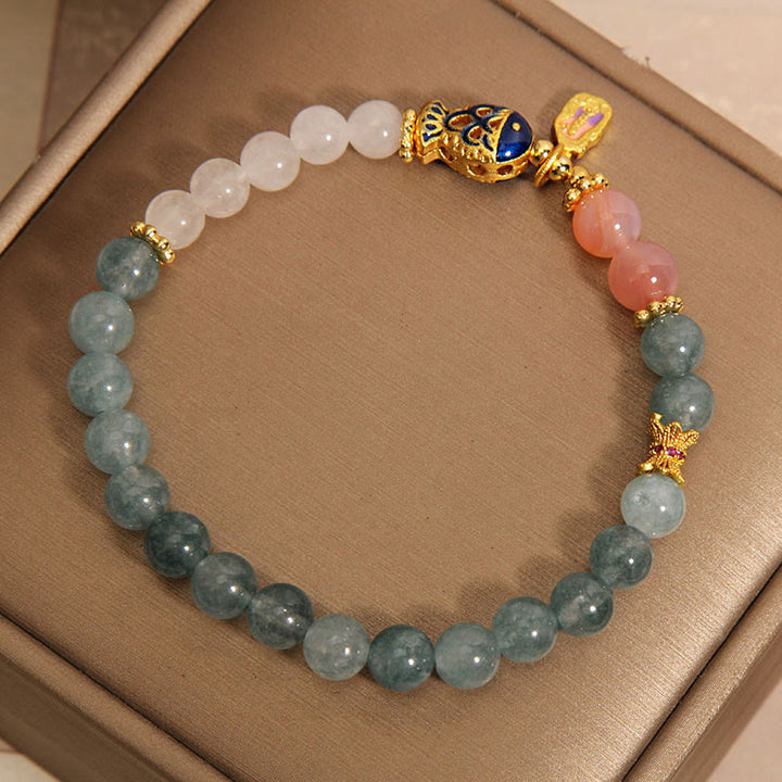 Buddha Stones Jade Yanyuan Agate White Jade Koi Fish Scripture Charm Luck Bracelet