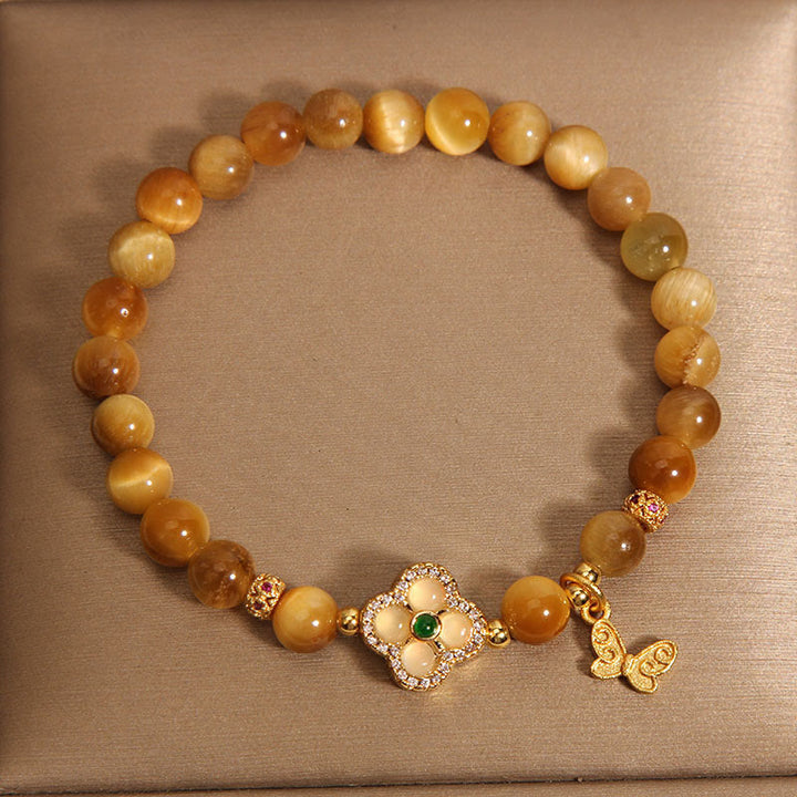 Buddha Stones Tiger Eye Four Leaf Clover Butterfly Protection Bracelet