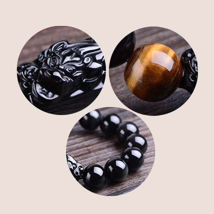 Buddha Stones Natural Black Obsidian PiXiu Tiger's Eye Strength Bracelet