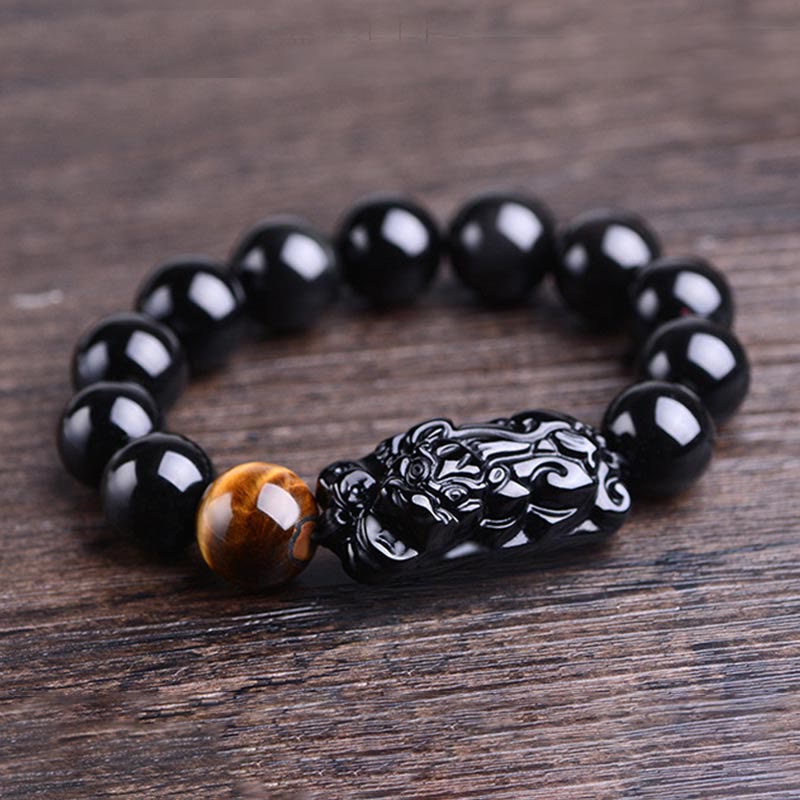 Buddha Stones Natural Black Obsidian PiXiu Tiger's Eye Strength Bracelet