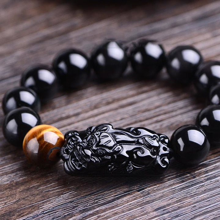 Buddha Stones Natural Black Obsidian PiXiu Tiger's Eye Strength Bracelet