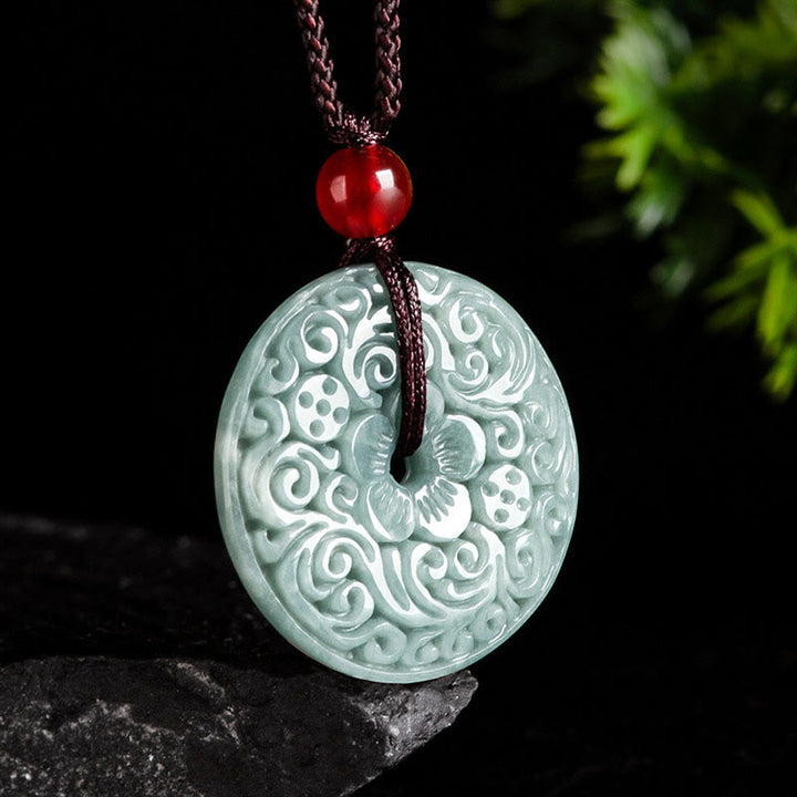 Buddha Stones Green Jade Flower Carved Peace Buckle Abundance Necklace Pendant