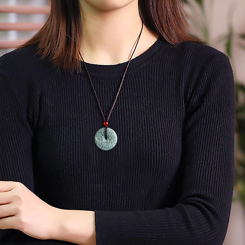 Buddha Stones Green Jade Flower Carved Peace Buckle Abundance Necklace Pendant - image 10