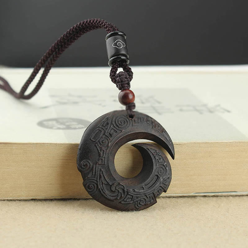 Buddha Stones Ebony Wood Sandalwood One's Luck Improves Design Pattern Peace Necklace Pendant - Ebony Wood - image 0