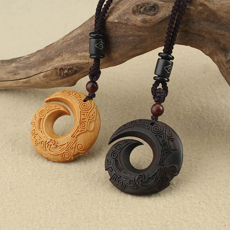 Buddha Stones Ebony Wood Sandalwood One's Luck Improves Design Pattern Peace Necklace Pendant - image 1