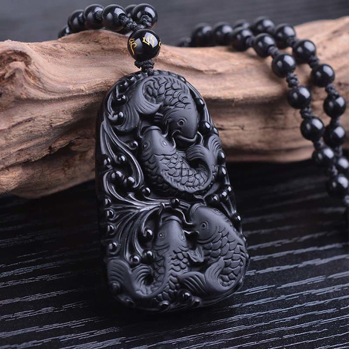 Buddha Stones Black Obsidian Koi Fish Engraved Strength Beaded Necklace Pendant - image 11