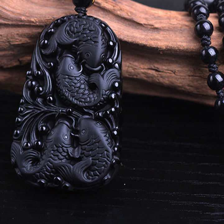 Buddha Stones Black Obsidian Koi Fish Engraved Strength Beaded Necklace Pendant