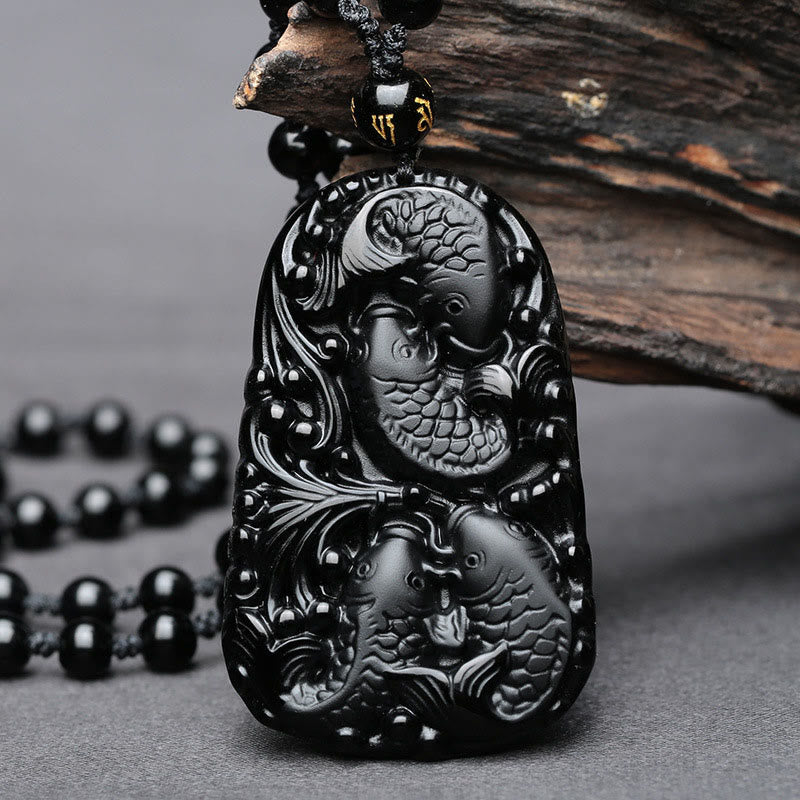 Buddha Stones Black Obsidian Koi Fish Engraved Strength Beaded Necklace Pendant - Koi Fish(Luck♥Prosperity) - image 1