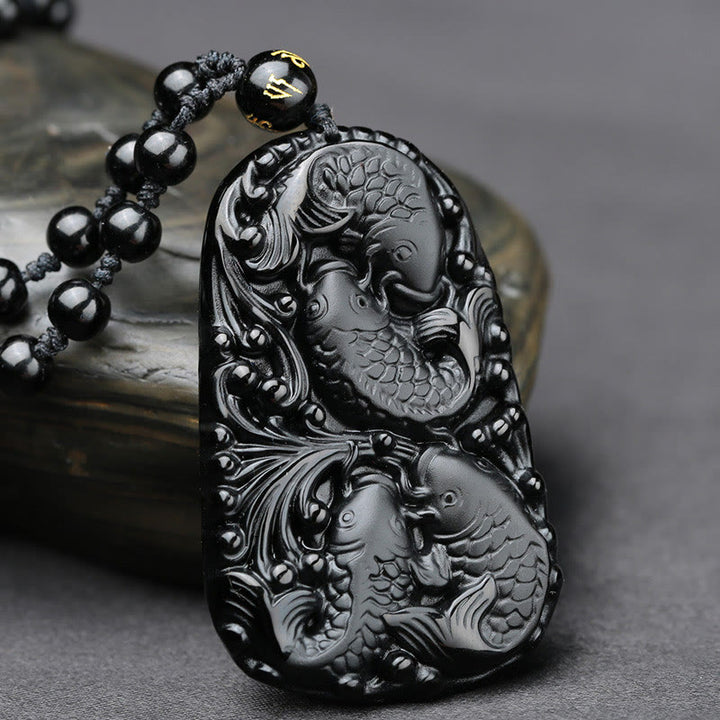 Buddha Stones Black Obsidian Koi Fish Engraved Strength Beaded Necklace Pendant