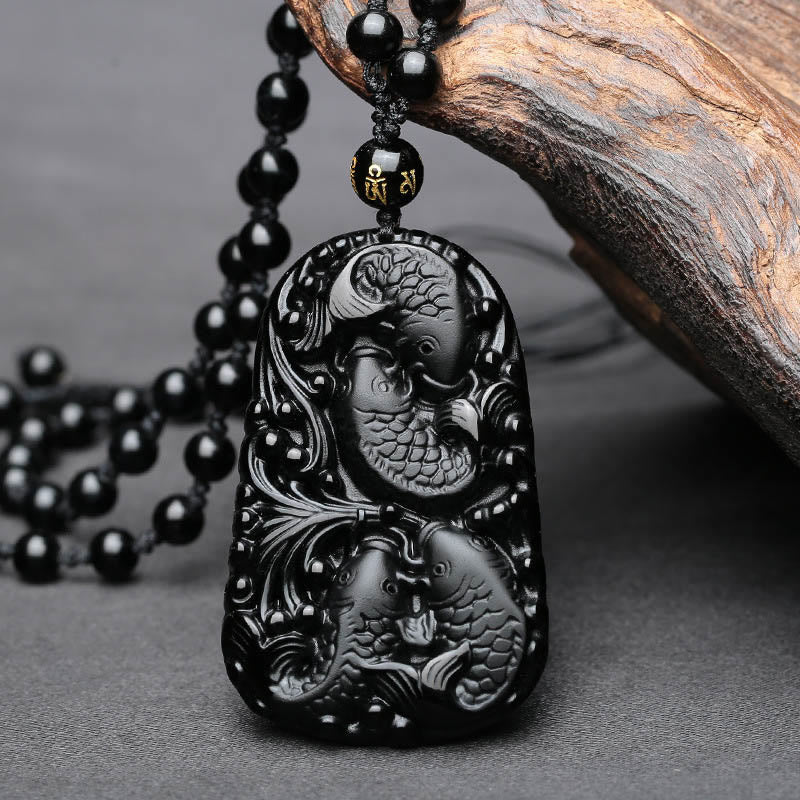 Buddha Stones Black Obsidian Koi Fish Engraved Strength Beaded Necklace Pendant