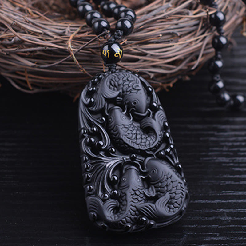 Buddha Stones Black Obsidian Koi Fish Engraved Strength Beaded Necklace Pendant