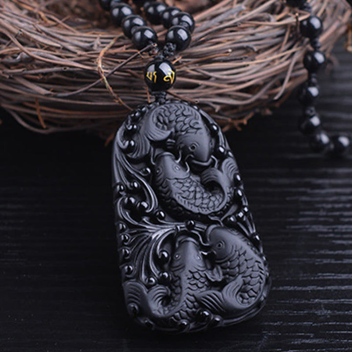 Buddha Stones Black Obsidian Koi Fish Engraved Strength Beaded Necklace Pendant