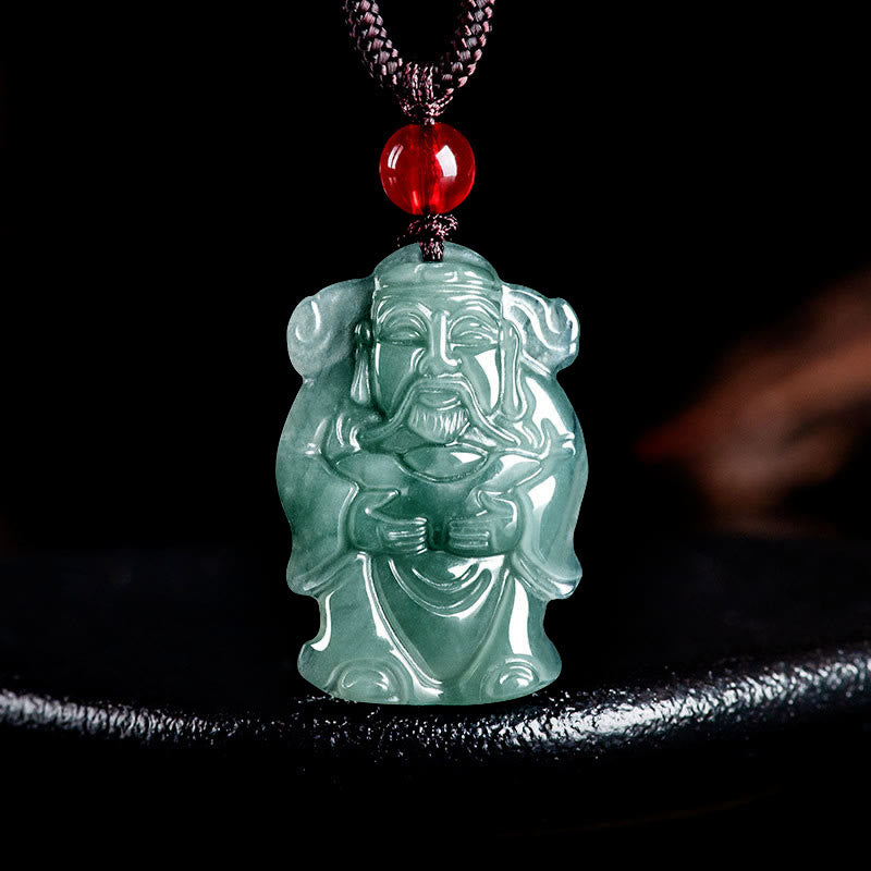 Buddha Stones Natural Green Jade Chinese God of Wealth Caishen Ingot Abundance Necklace Pendant