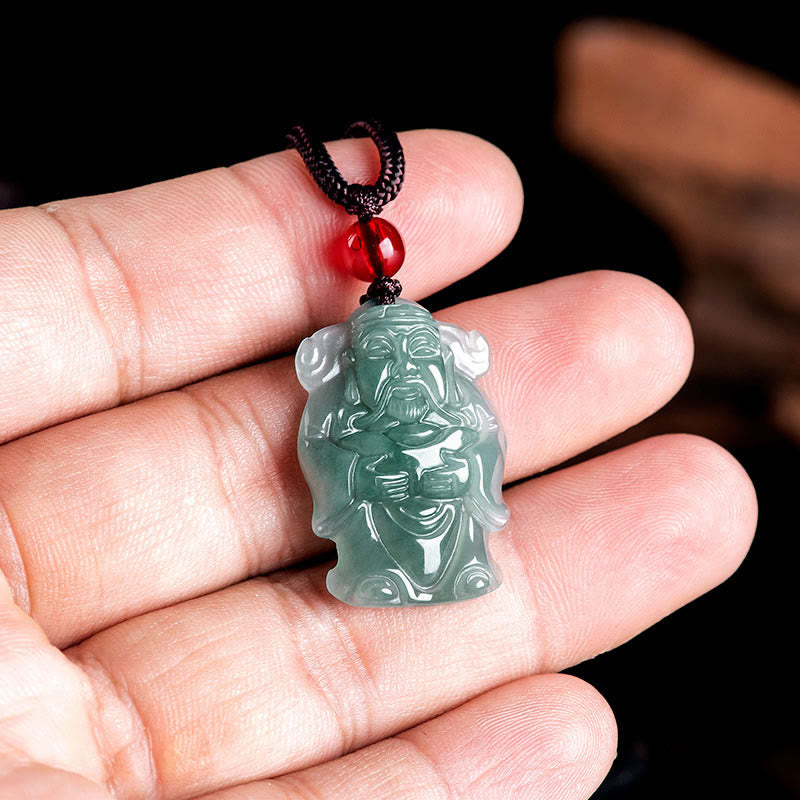 Buddha Stones Natural Green Jade Chinese God of Wealth Caishen Ingot Abundance Necklace Pendant