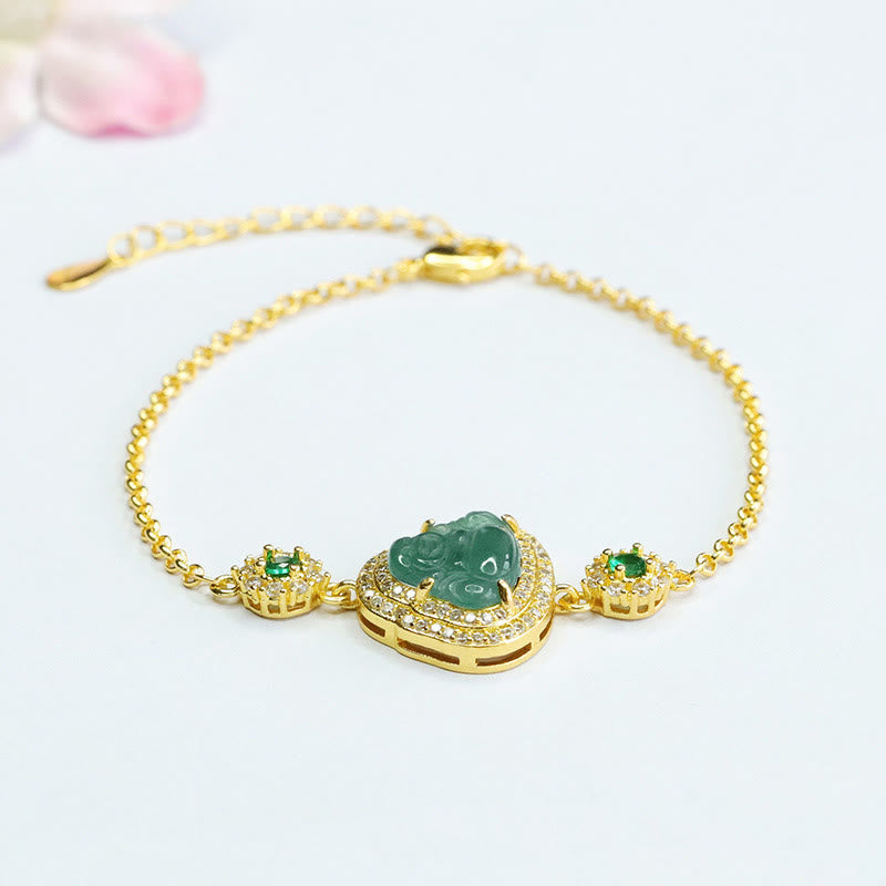 Buddha Stones Laughing Buddha Green Jade Zircon Luck Chain Bracelet