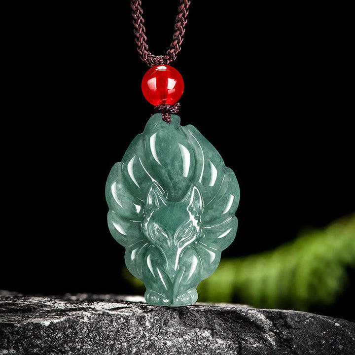 Buddha Stones Natural Green Jade Nine-Tailed Fox Luck Necklace Pendant