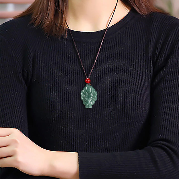 Buddha Stones Natural Green Jade Nine-Tailed Fox Luck Necklace Pendant - image 9