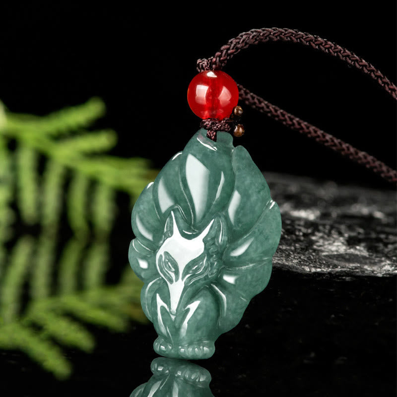 Buddha Stones Natural Green Jade Nine-Tailed Fox Luck Necklace Pendant