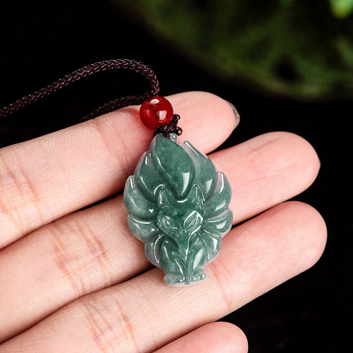 Buddha Stones Natural Green Jade Nine-Tailed Fox Luck Necklace Pendant - image 4