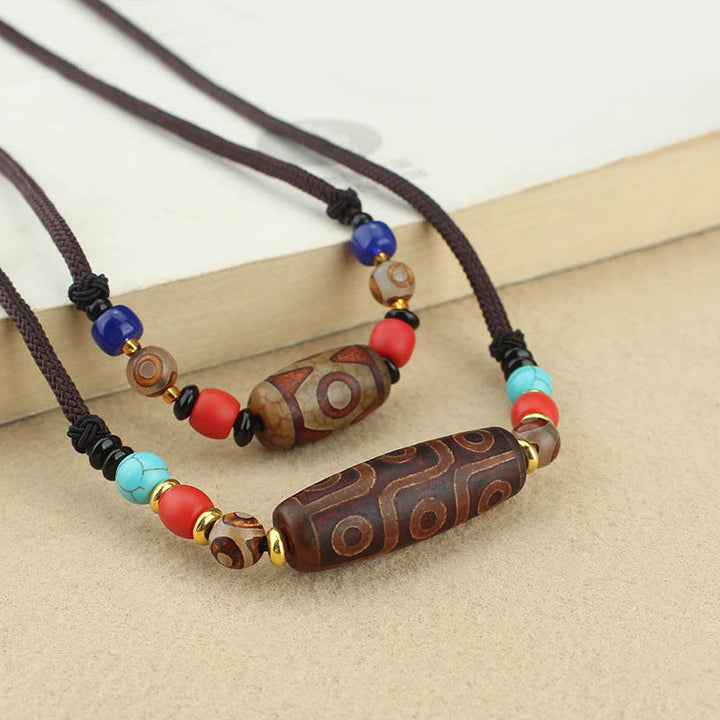 Buddha Stones Tibetan Nine-Eye Dzi Bead Three-eyed Dzi Bead Protection String Necklaces Pendant