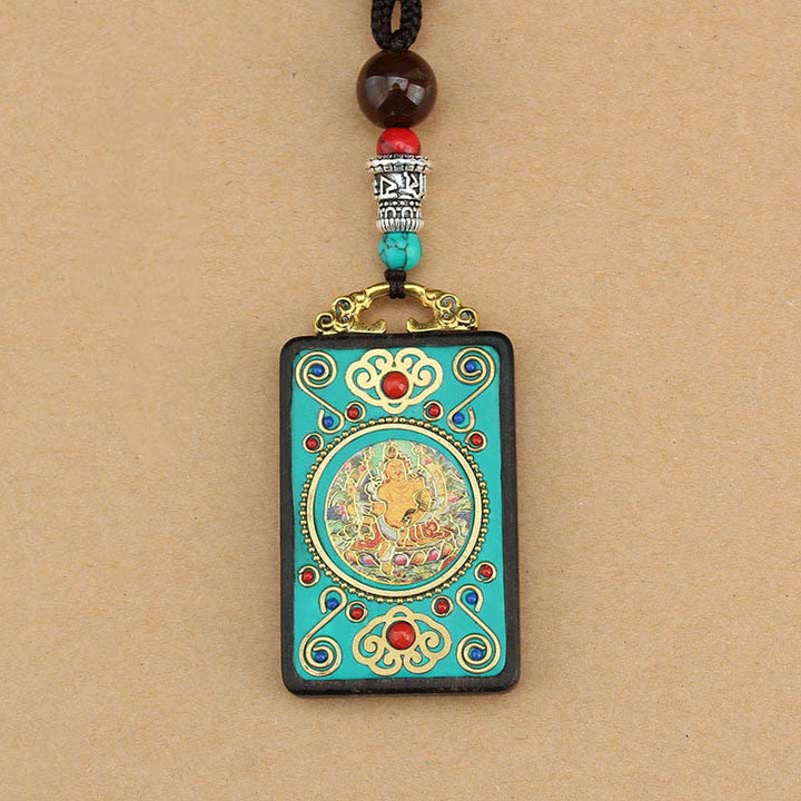 Buddha Stones Tibet God Of Wealth Money Tree Golden Phoenix Thangka Ebony Peace Necklace Pendant