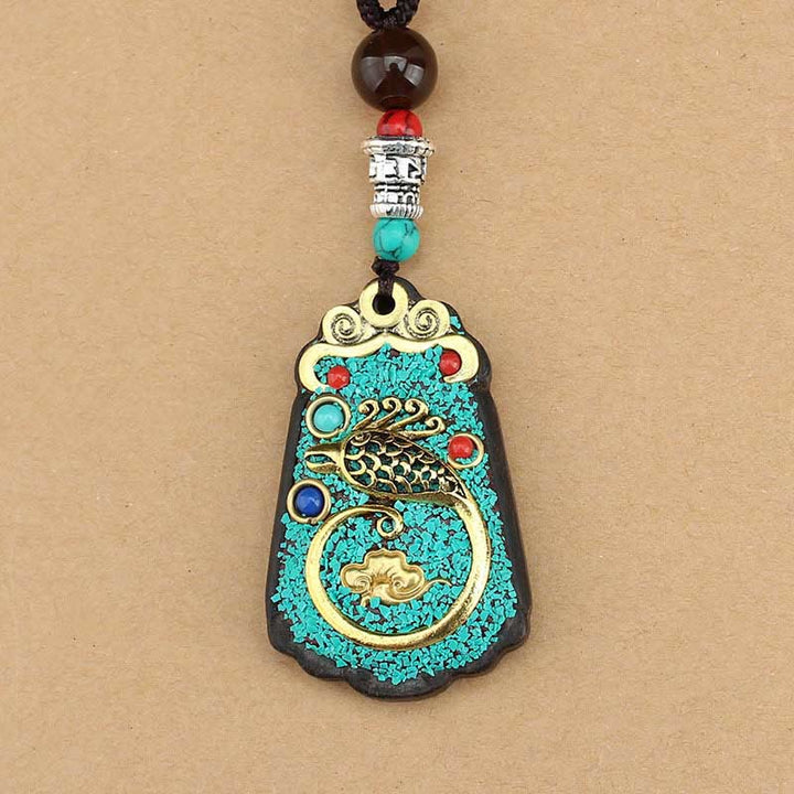 Buddha Stones Tibet God Of Wealth Money Tree Golden Phoenix Thangka Ebony Peace Necklace Pendant