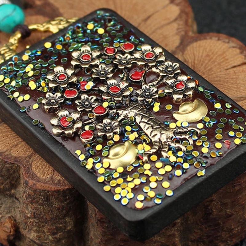 Buddha Stones Tibet God Of Wealth Money Tree Golden Phoenix Thangka Ebony Peace Necklace Pendant - image 12