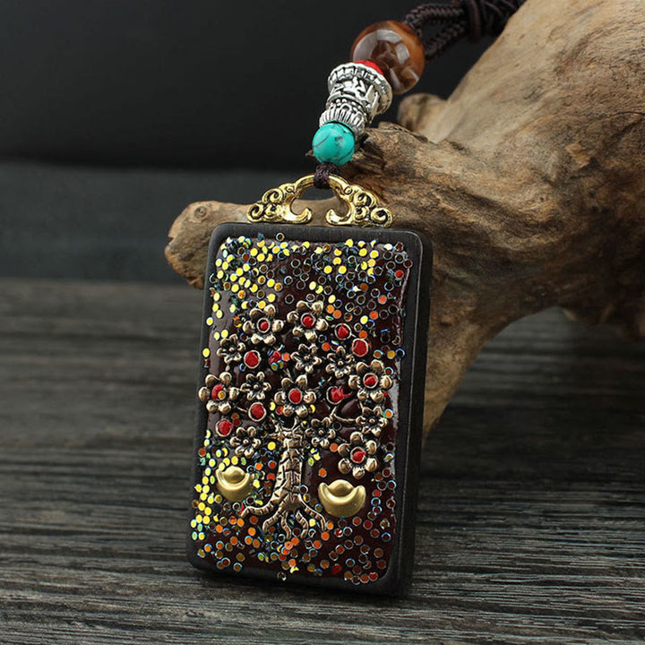 Buddha Stones Tibet God Of Wealth Money Tree Golden Phoenix Thangka Ebony Peace Necklace Pendant - image 10