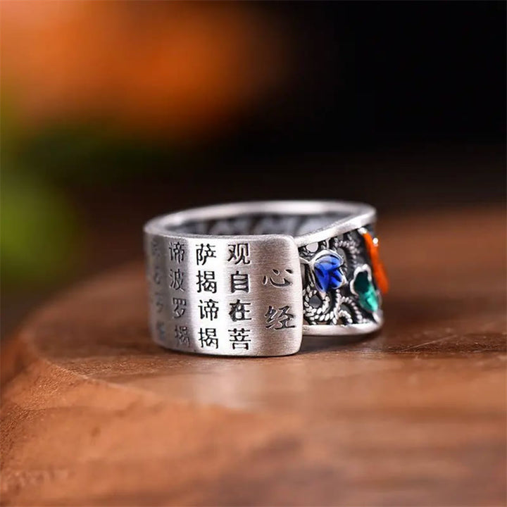 Buddha Stones Copper Blue Enamel Lotus Heart Sutra Koi Fish Luck Ring