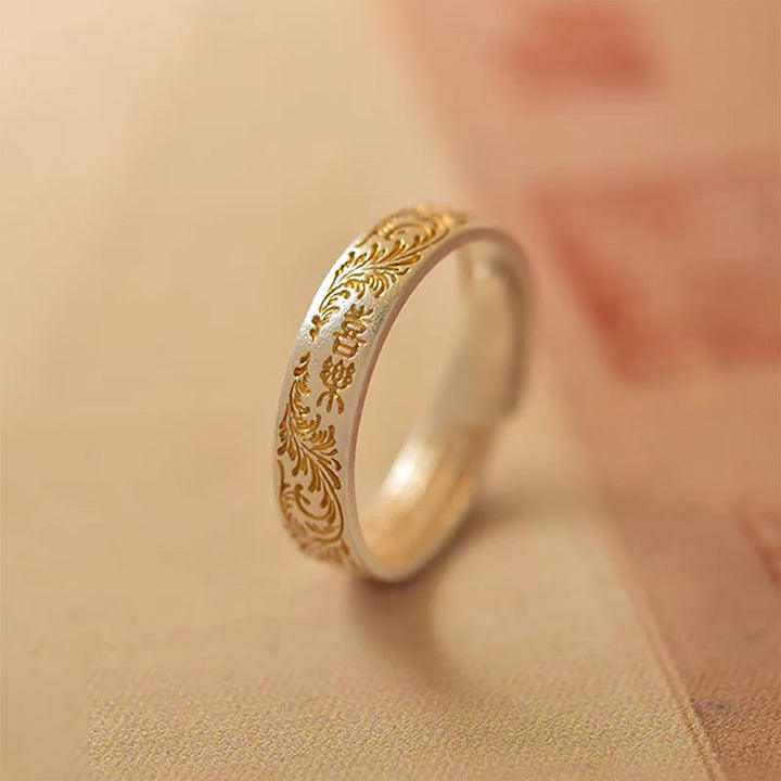 Buddha Stone 999 Sterling Silver Gold-Painted Joyful Flower Pattern Peaceful Heart Sutra Ring