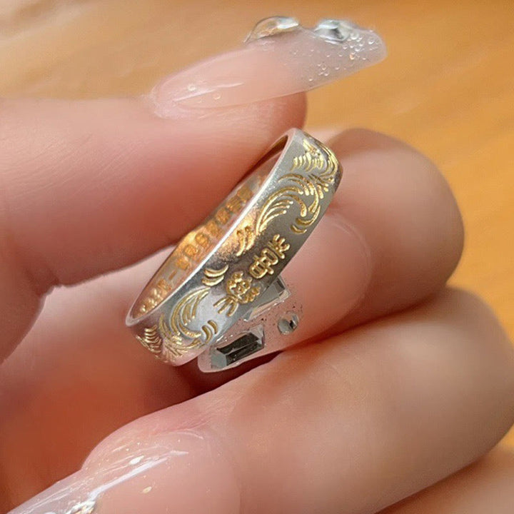 Buddha Stone 999 Sterling Silver Gold-Painted Joyful Flower Pattern Peaceful Heart Sutra Ring - image 6