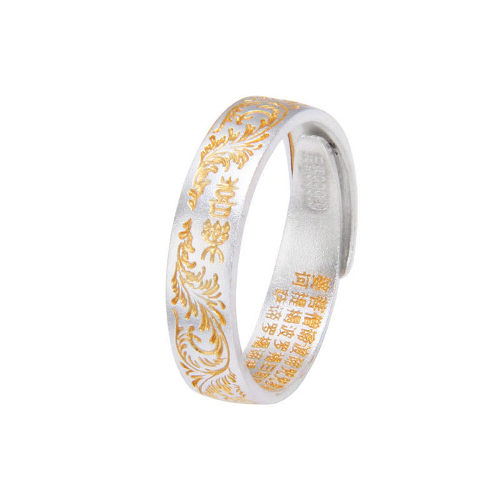 Buddha Stone 999 Sterling Silver Gold-Painted Joyful Flower Pattern Peaceful Heart Sutra Ring