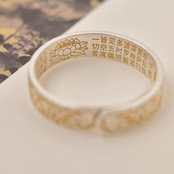 Buddha Stone 999 Sterling Silver Gold-Painted Joyful Flower Pattern Peaceful Heart Sutra Ring