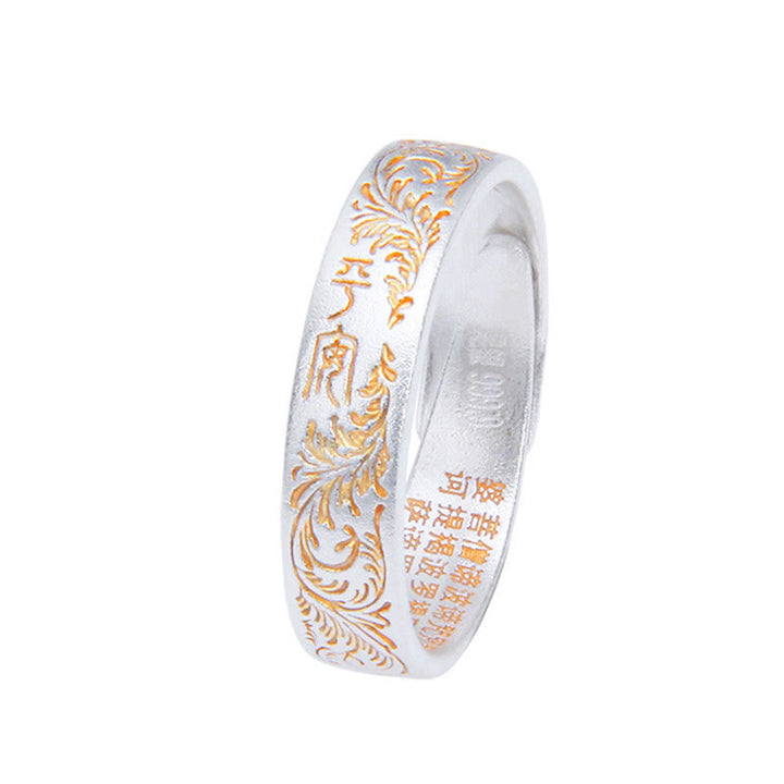 Buddha Stone 999 Sterling Silver Gold-Painted Joyful Flower Pattern Peaceful Heart Sutra Ring