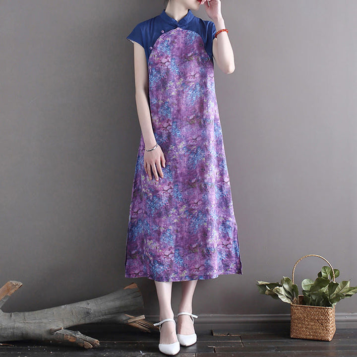 Buddha Stones Vintage Purple Flower Print Ramie Linen Cheongsam Midi Dress With Pockets