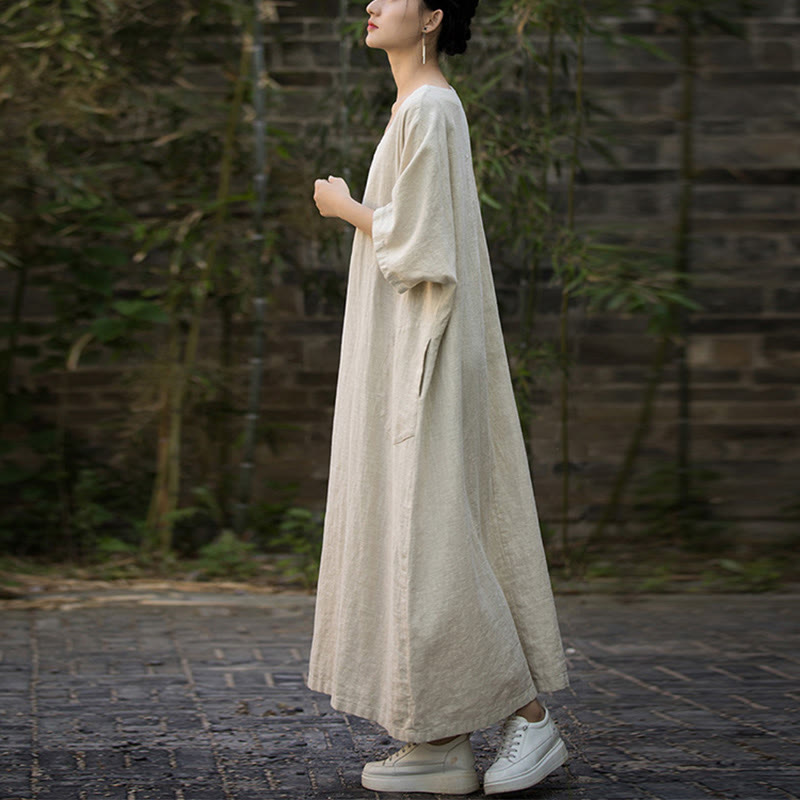 Buddha Stones Solid Color V-Neck Half Sleeve Ramie Linen Midi Dress With Pockets - image 7