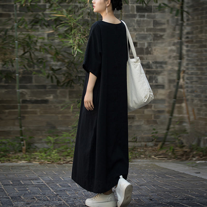 Buddha Stones Solid Color V-Neck Half Sleeve Ramie Linen Midi Dress With Pockets - image 17