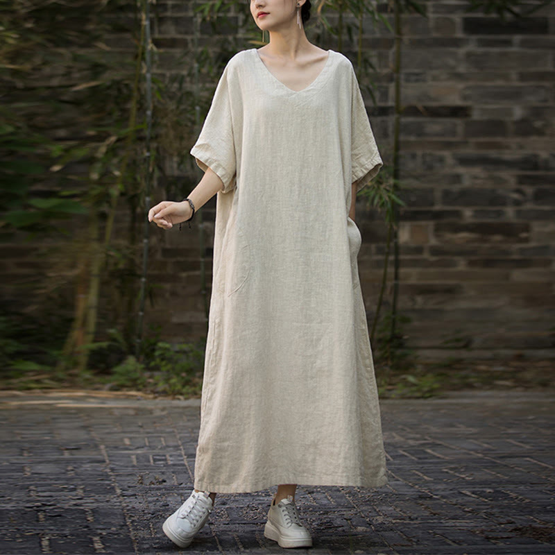 Buddha Stones Solid Color V-Neck Half Sleeve Ramie Linen Midi Dress With Pockets