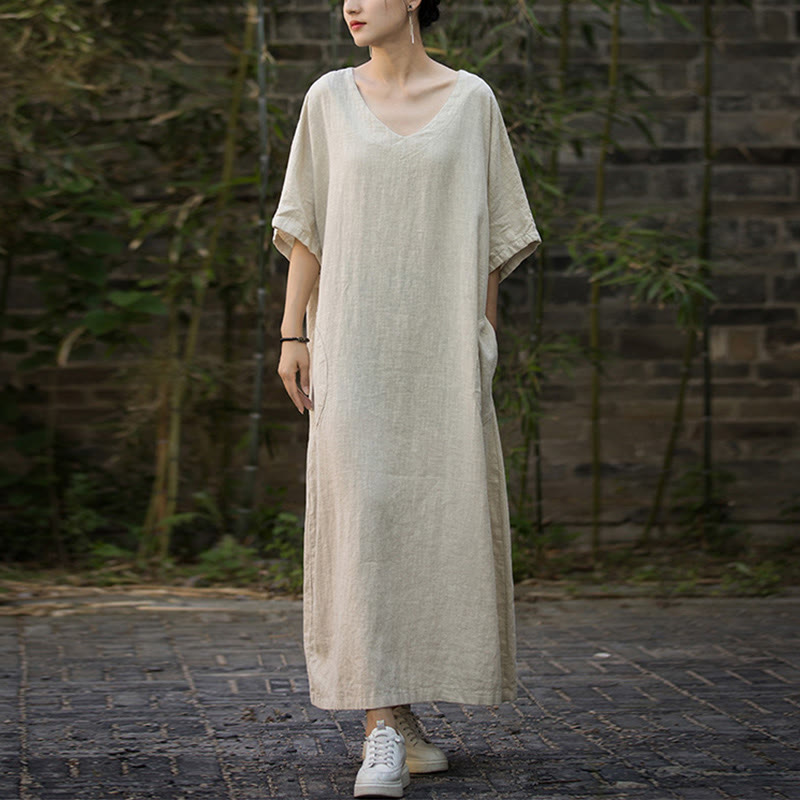 Buddha Stones Solid Color V-Neck Half Sleeve Ramie Linen Midi Dress With Pockets - image 6