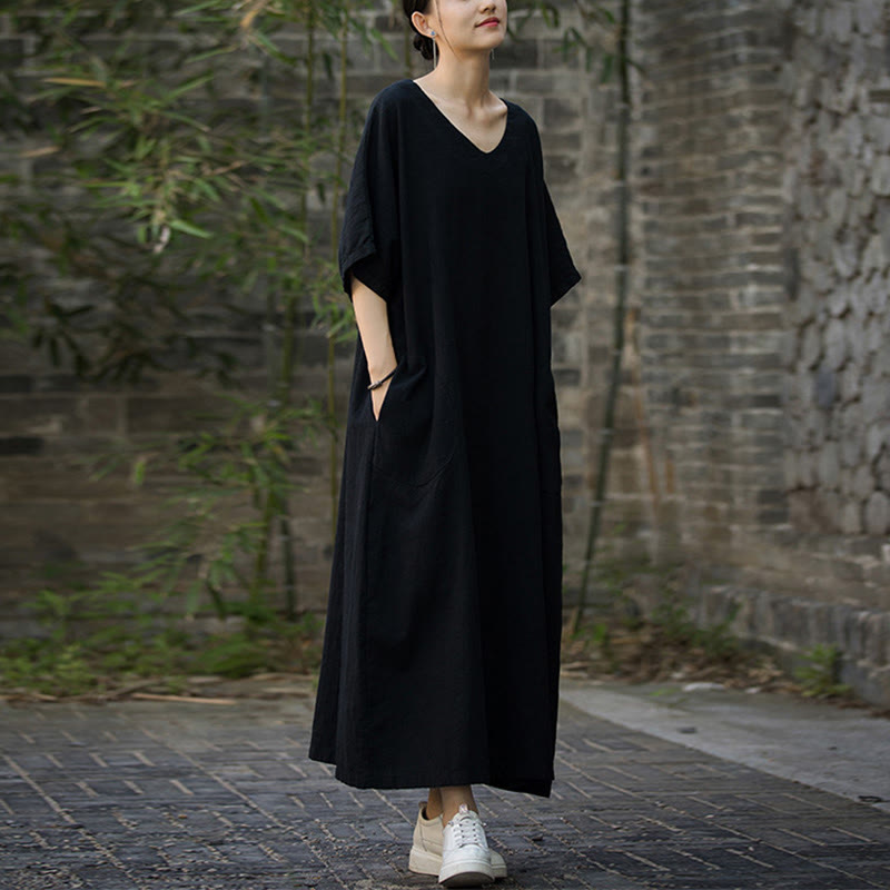 Buddha Stones Solid Color V-Neck Half Sleeve Ramie Linen Midi Dress With Pockets - image 13