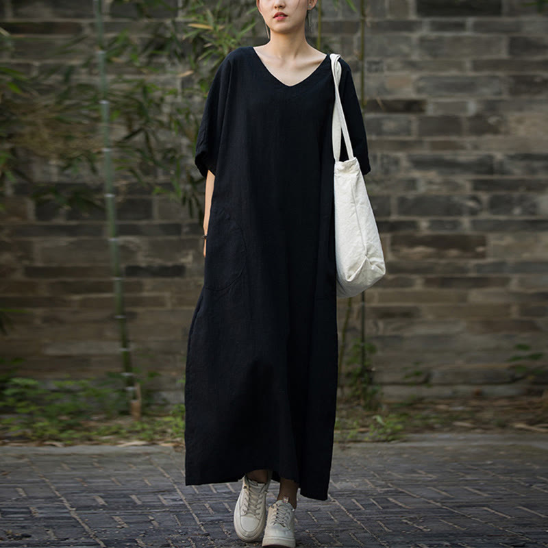 Buddha Stones Solid Color V-Neck Half Sleeve Ramie Linen Midi Dress With Pockets - Black - F(Fit for US4-14; UK/AU8-18; EU36-46) - image 10