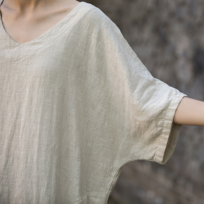 Buddha Stones Solid Color V-Neck Half Sleeve Ramie Linen Midi Dress With Pockets - image 3