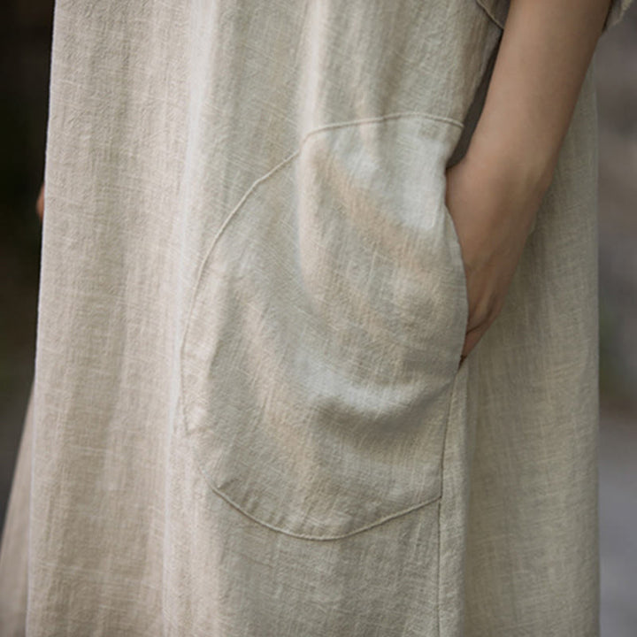 Buddha Stones Solid Color V-Neck Half Sleeve Ramie Linen Midi Dress With Pockets - image 4