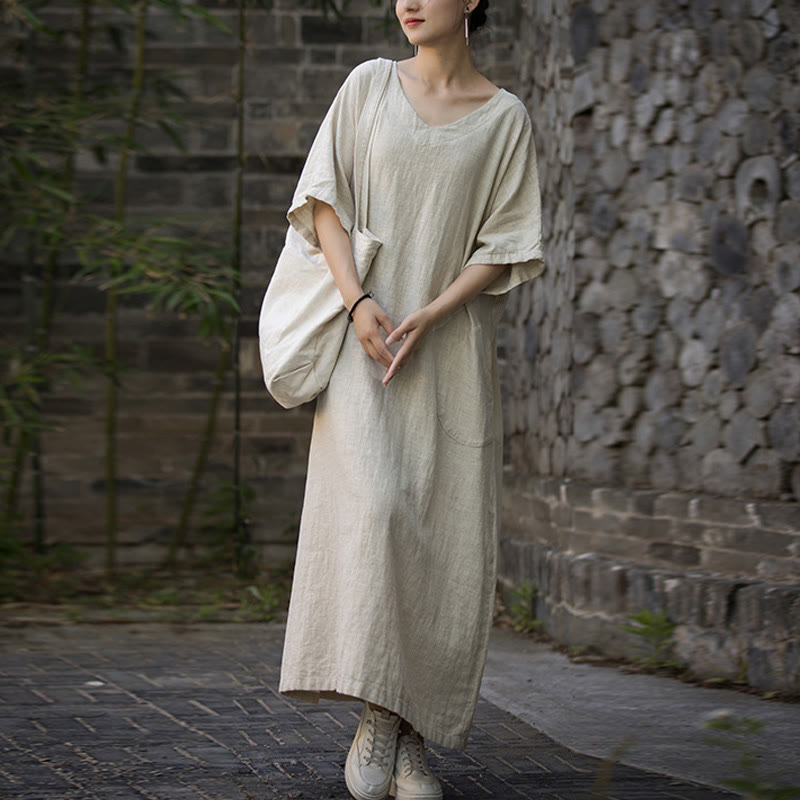Buddha Stones Solid Color V-Neck Half Sleeve Ramie Linen Midi Dress With Pockets - Linen - F(Fit for US4-14; UK/AU8-18; EU36-46) - image 0