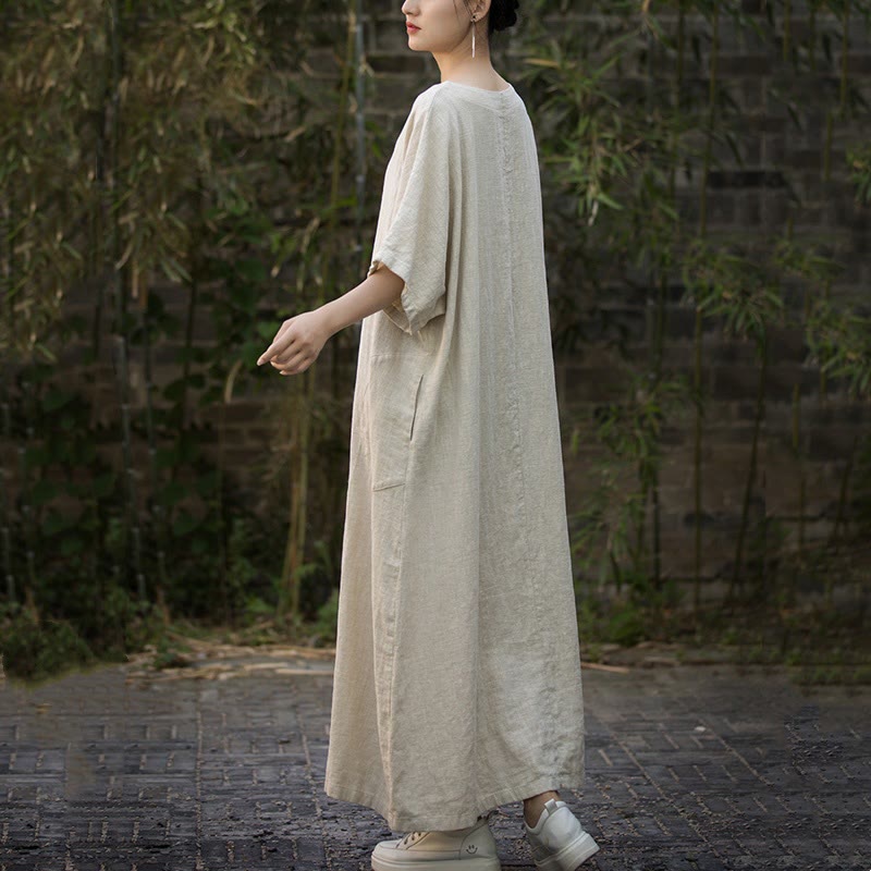 Buddha Stones Solid Color V-Neck Half Sleeve Ramie Linen Midi Dress With Pockets - image 2